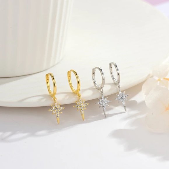 14k Gold Star Diamonds Huggie Hoop Earrings Sterling Silver - Picture 3 of 9